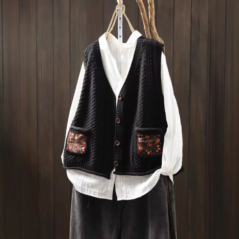Vestă cardigan cu buzunare patch florale, amestec bumbac-lână, guler polo, fără mâneci, toamna 2025