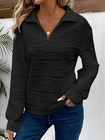 Moteriška kasdieninė palaidinė su ilgomis rankovėmis ir V formos iškirpte, jacquard tekstūra, poliesterio ir elastano mišinys, laisvas kirpimas