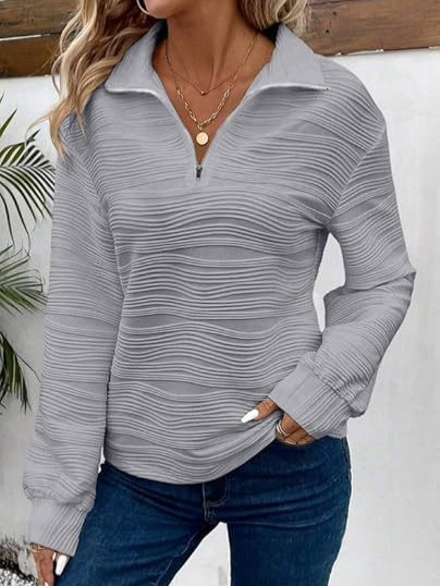 Moteriška kasdieninė palaidinė su ilgomis rankovėmis ir V formos iškirpte, jacquard tekstūra, poliesterio ir elastano mišinys, laisvas kirpimas