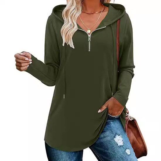 Hanorac damă cu glugă și fermoar parțial, talie strânsă, mâneci lungi, amestec bumbac-poliester