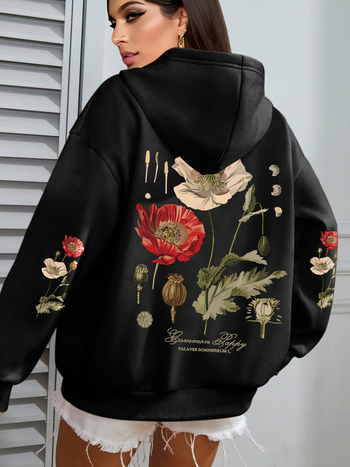 Ženski hoodie s floralnim printom — kapuljača, opuštena silueta, dugi rukavi, poliester