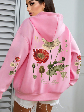 Ženski hoodie s floralnim printom — kapuljača, opuštena silueta, dugi rukavi, poliester