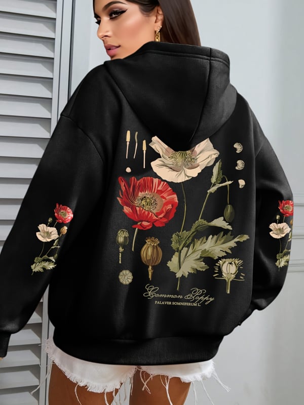 Ženski hoodie s floralnim printom — kapuljača, opuštena silueta, dugi rukavi, poliester