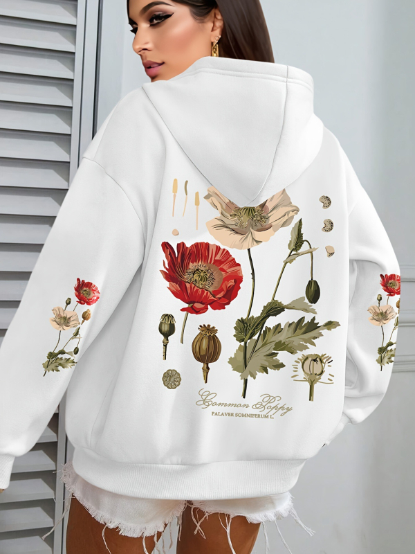Ženski hoodie s floralnim printom — kapuljača, opuštena silueta, dugi rukavi, poliester