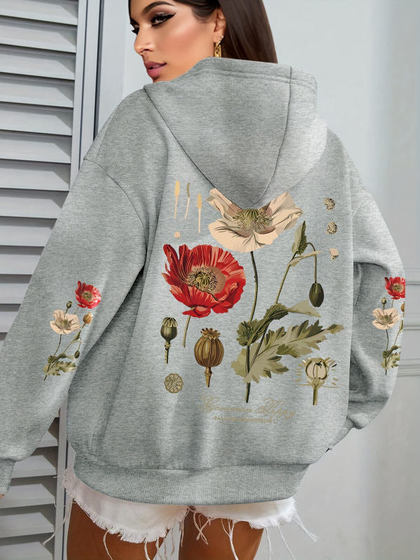 Ženski hoodie s floralnim printom — kapuljača, opuštena silueta, dugi rukavi, poliester