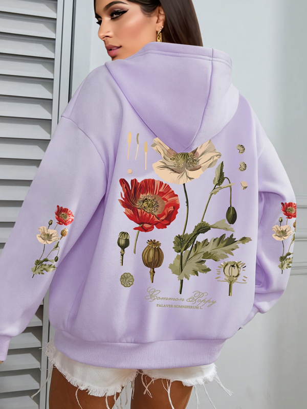 Ženski hoodie s floralnim printom — kapuljača, opuštena silueta, dugi rukavi, poliester