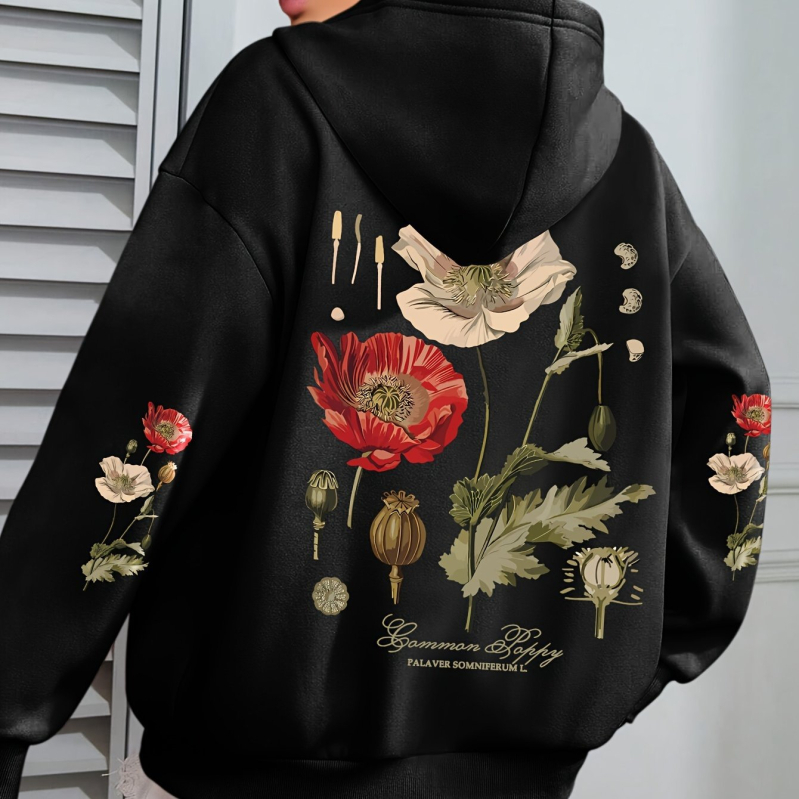 Ženski hoodie s floralnim printom — kapuljača, opuštena silueta, dugi rukavi, poliester