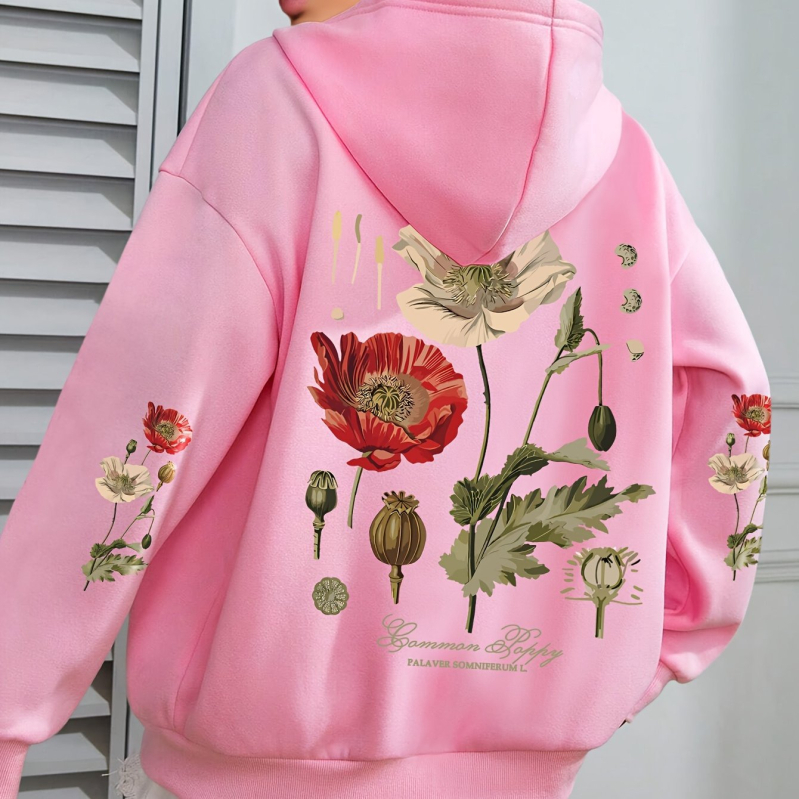 Ženski hoodie s floralnim printom — kapuljača, opuštena silueta, dugi rukavi, poliester