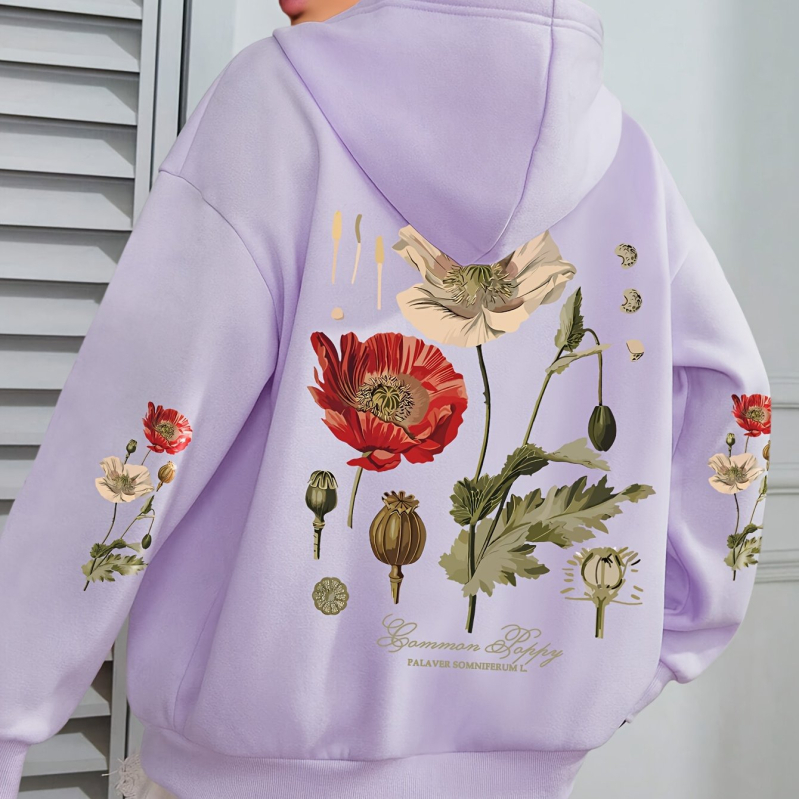 Ženski hoodie s floralnim printom — kapuljača, opuštena silueta, dugi rukavi, poliester