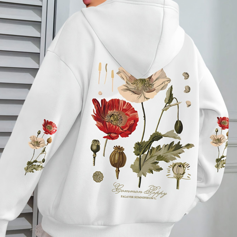 Ženski hoodie s floralnim printom — kapuljača, opuštena silueta, dugi rukavi, poliester