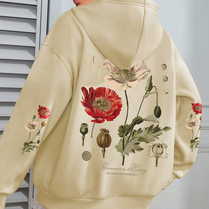 Ženski hoodie s floralnim printom — kapuljača, opuštena silueta, dugi rukavi, poliester