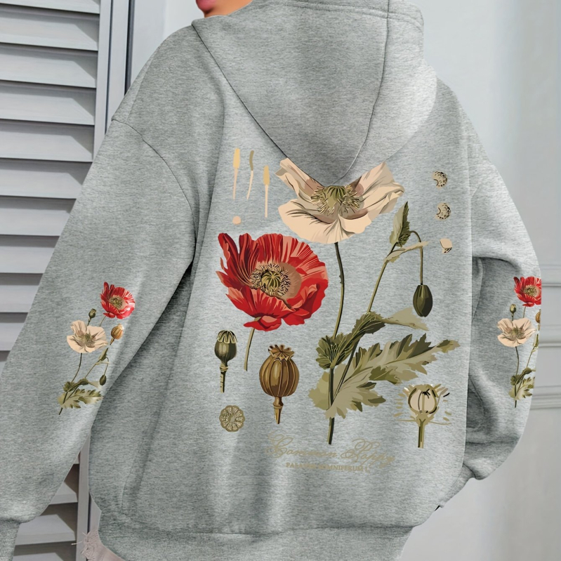 Ženski hoodie s floralnim printom — kapuljača, opuštena silueta, dugi rukavi, poliester