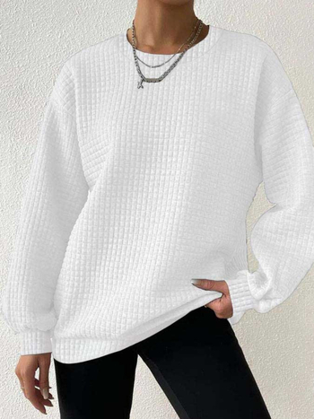 Pulover damă cu mâneci lungi, guler rotund, tricot waffle, poliester (70-80% poliester)