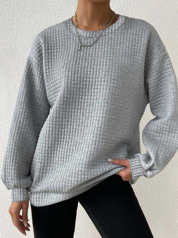 Pulover damă cu mâneci lungi, guler rotund, tricot waffle, poliester (70-80% poliester)