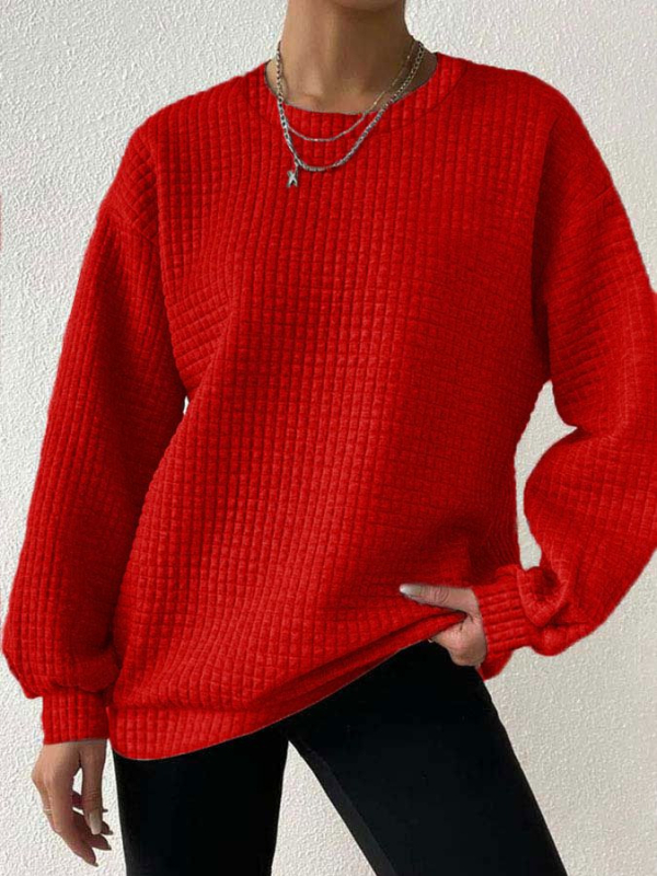 Pulover damă cu mâneci lungi, guler rotund, tricot waffle, poliester (70-80% poliester)