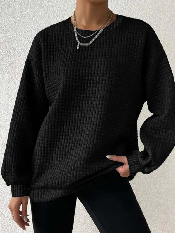 Pulover damă cu mâneci lungi, guler rotund, tricot waffle, poliester (70-80% poliester)
