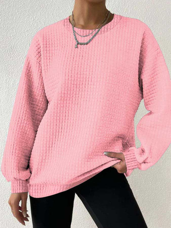 Pulover damă cu mâneci lungi, guler rotund, tricot waffle, poliester (70-80% poliester)