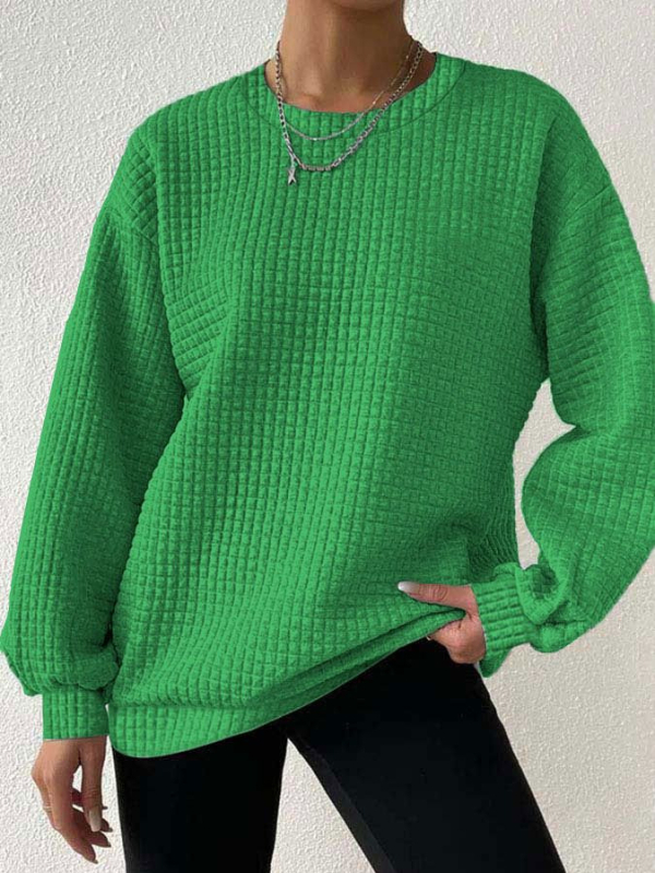 Pulover damă cu mâneci lungi, guler rotund, tricot waffle, poliester (70-80% poliester)