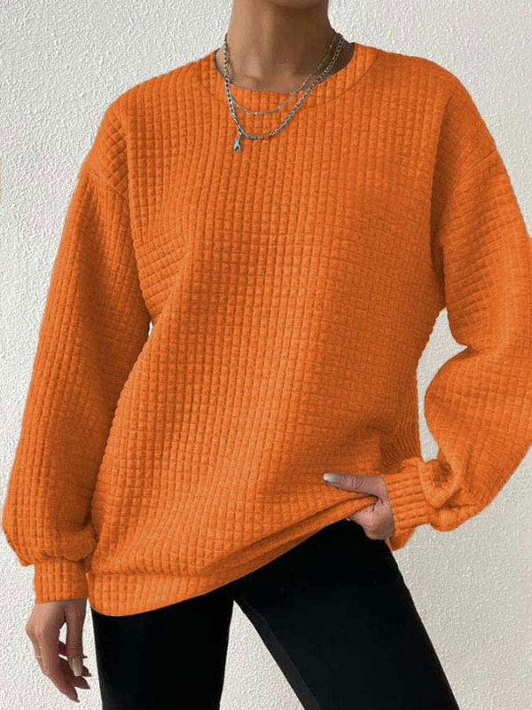 Pulover damă cu mâneci lungi, guler rotund, tricot waffle, poliester (70-80% poliester)