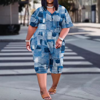 Γυναικεία ολόσωμη φόρμα με V-λαιμό, patch τσέπες, εκτύπωση, πολυεστέρας