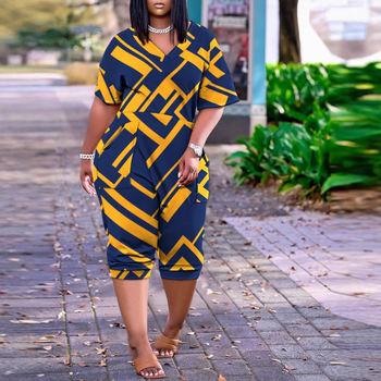 Γυναικεία ολόσωμη φόρμα με V-λαιμό, patch τσέπες, εκτύπωση, πολυεστέρας