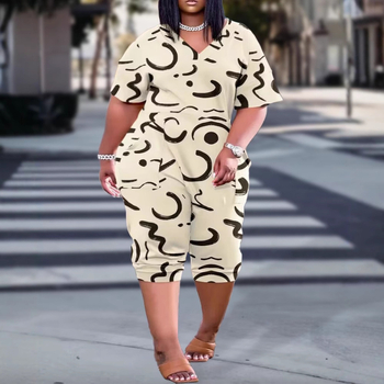 Γυναικεία ολόσωμη φόρμα με V-λαιμό, patch τσέπες, εκτύπωση, πολυεστέρας