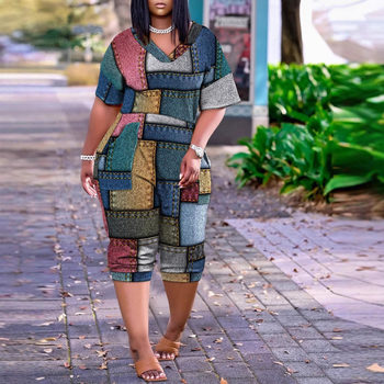 Γυναικεία ολόσωμη φόρμα με V-λαιμό, patch τσέπες, εκτύπωση, πολυεστέρας