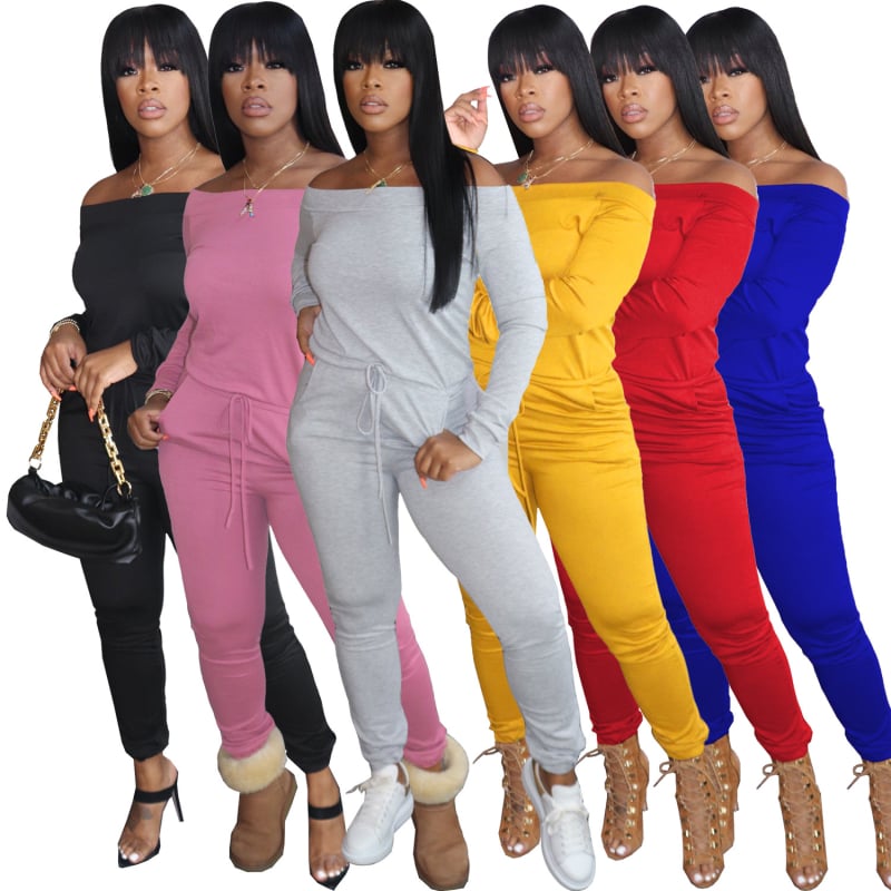 Salopetă damă cu umeri goi, mâneci lungi, talie înaltă, material amestec de bumbac cu poliester și spandex, cusături decorative, stil proaspăt și dulce