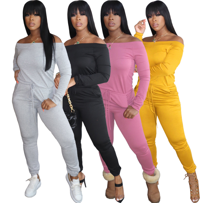 Salopetă damă cu umeri goi, mâneci lungi, talie înaltă, material amestec de bumbac cu poliester și spandex, cusături decorative, stil proaspăt și dulce