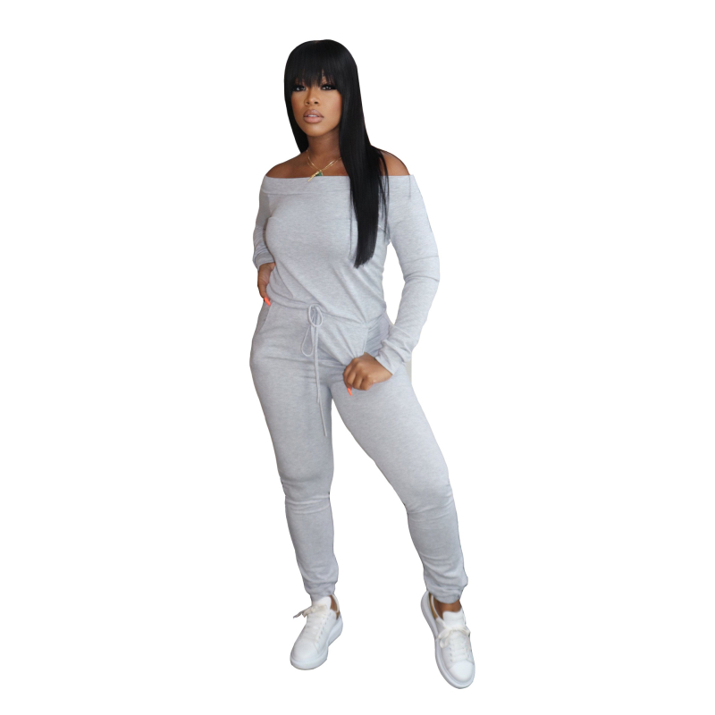 Salopetă damă cu umeri goi, mâneci lungi, talie înaltă, material amestec de bumbac cu poliester și spandex, cusături decorative, stil proaspăt și dulce
