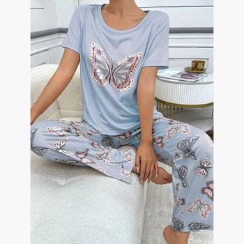 Moterų pižamos komplektas su drugelių spauda, apvalus kaklas, ¾ rankovės, kelnės; audinys: imitacinė medvilnė su poliesterio 90–95%, vidutinio svorio 181–200 g/m²