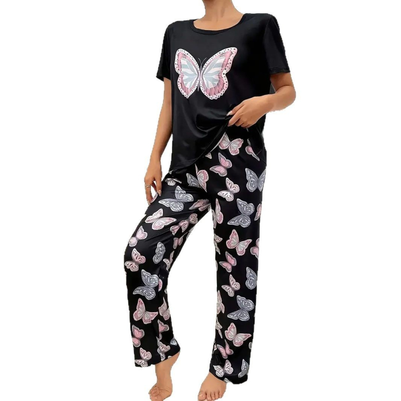 Sieviešu pidžammu komplekts ar tauriņu rakstu, apaļš kakls, 3/4 piedurknes, bikses; audums: imitācijas kokvilna ar 90–95% poliesteru, vidēja svara 181–200 g/m²