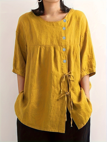 Cămașă de damă din bumbac și in, compoziția principală a țesăturii 30–50%, guler rotund, mâneci bufante