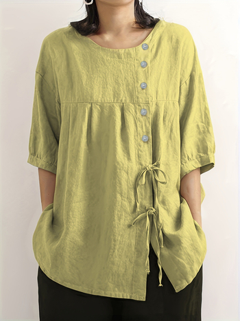 Дамска риза от памук и лен, съдържание на основния плат 30–50%, кръгла яка, пухкави ръкави