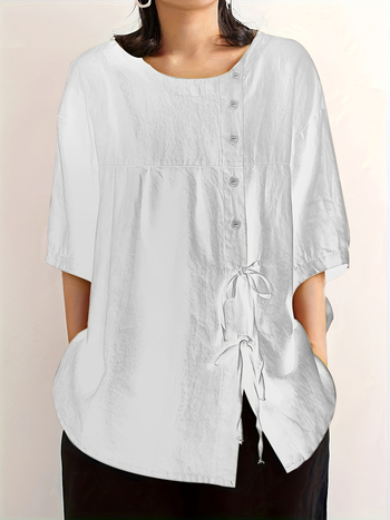 Дамска риза от памук и лен, съдържание на основния плат 30–50%, кръгла яка, пухкави ръкави