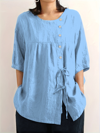 Дамска риза от памук и лен, съдържание на основния плат 30–50%, кръгла яка, пухкави ръкави