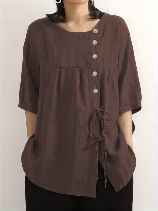 Cămașă de damă din bumbac și in, compoziția principală a țesăturii 30–50%, guler rotund, mâneci bufante