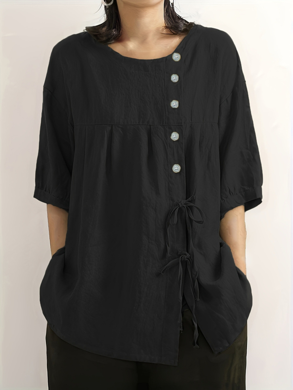 Cămașă de damă din bumbac și in, compoziția principală a țesăturii 30–50%, guler rotund, mâneci bufante