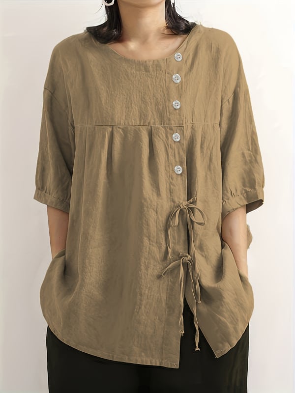 Cămașă de damă din bumbac și in, compoziția principală a țesăturii 30–50%, guler rotund, mâneci bufante