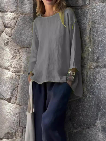 Μπλούζα-πουκάμισο σε άνετη γραμμή με στρογγυλό λαιμό, μανίκια 3/4, πολυεστέρας-σπαντέξ, μονόχρωμο σχέδιο, φθινόπωρο 2024