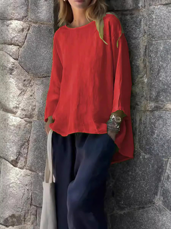 Μπλούζα-πουκάμισο σε άνετη γραμμή με στρογγυλό λαιμό, μανίκια 3/4, πολυεστέρας-σπαντέξ, μονόχρωμο σχέδιο, φθινόπωρο 2024