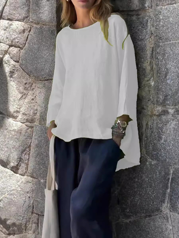 Μπλούζα-πουκάμισο σε άνετη γραμμή με στρογγυλό λαιμό, μανίκια 3/4, πολυεστέρας-σπαντέξ, μονόχρωμο σχέδιο, φθινόπωρο 2024