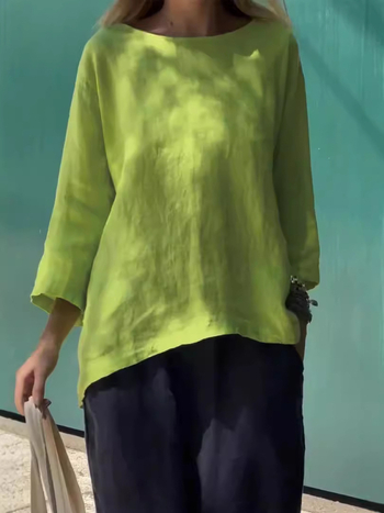 Μπλούζα-πουκάμισο σε άνετη γραμμή με στρογγυλό λαιμό, μανίκια 3/4, πολυεστέρας-σπαντέξ, μονόχρωμο σχέδιο, φθινόπωρο 2024