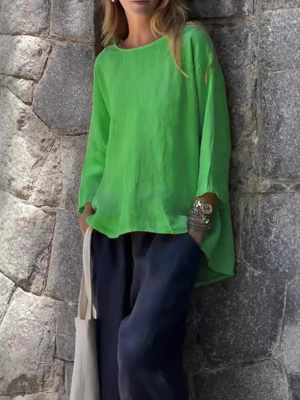 Bluza lejeră cu guler rotund, mâneci 3/4, material poliester-spandex, model uni, toamnă 2024