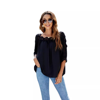 Μπλουζάκι με δαντελένιες επενδύσεις, τετράγωνο γιακά, κοντά μανίκια, πολυεστέρας, στενή γραμμή