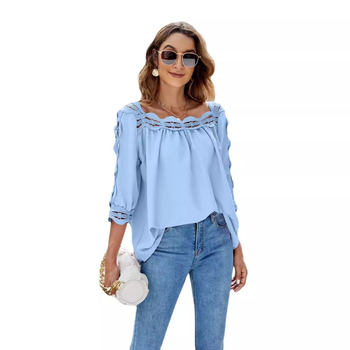 Μπλουζάκι με δαντελένιες επενδύσεις, τετράγωνο γιακά, κοντά μανίκια, πολυεστέρας, στενή γραμμή