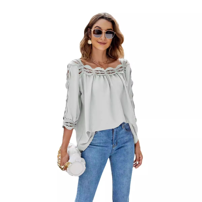 Μπλουζάκι με δαντελένιες επενδύσεις, τετράγωνο γιακά, κοντά μανίκια, πολυεστέρας, στενή γραμμή