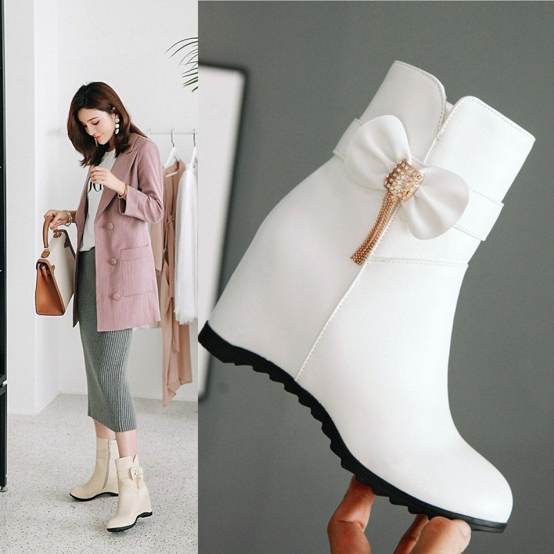 Γυναικεία μποτάκια σε κορεατικό στυλ, στρογγυλή μύτη, PU επάνω μέρος, TPU σόλα, πλαϊνό φερμουάρ