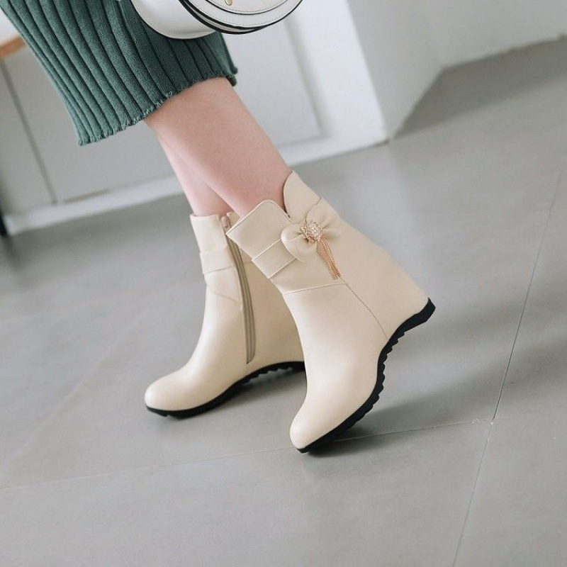 Γυναικεία μποτάκια σε κορεατικό στυλ, στρογγυλή μύτη, PU επάνω μέρος, TPU σόλα, πλαϊνό φερμουάρ