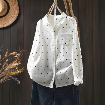 Памучна риза с полка точки, свободна кройка, дълги ръкави, квадратно деколте, есен 2024
